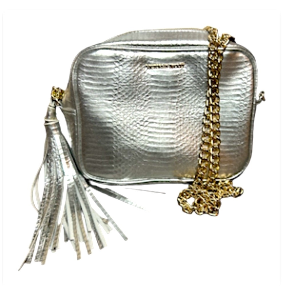 Victoria’s Secret Metallic Snakeskin Silver Crossbody Bag Gold Chain Strap